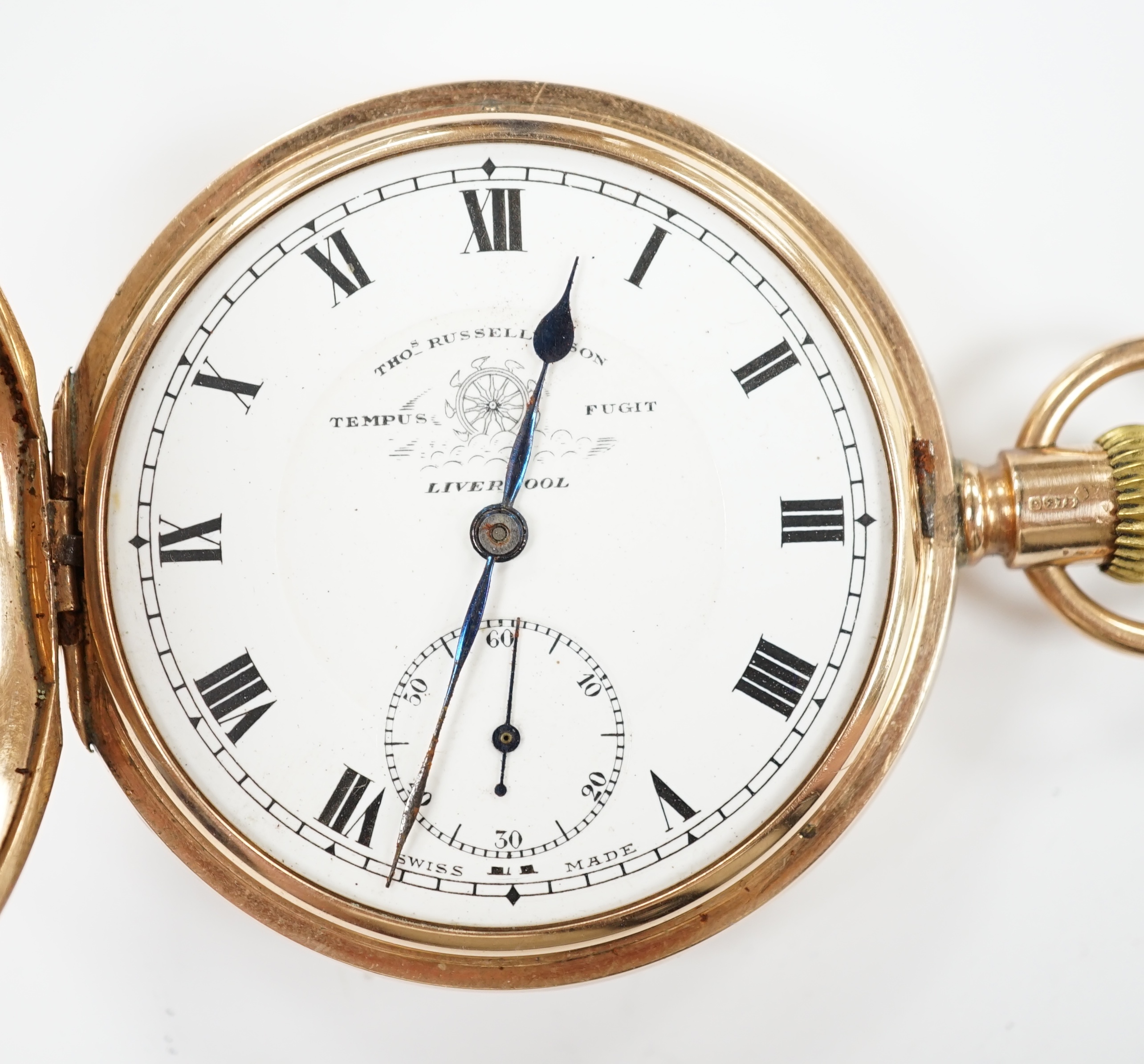 A George V 9ct gold keyless hunter pocket watch, by Thomas Russell & Sons Ltd of Liverpool, with Roman dial and subsidiary seconds (lacking glass), case diameter 50mm, gross weight 90 grams.